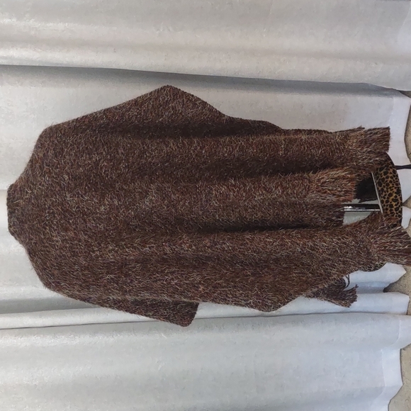 Bryn Walker Fall Poncho Wrap Open Long Fringe Bohemian Sweater Wool Shaggy Coat - Picture 7 of 8